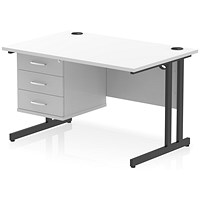 Impulse 1200mm Rectangular Desk, Black Cantilever Leg, White, With 3 Drawer Fixed Pedestal