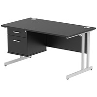 Impulse 1400mm Rectangular Desk, Silver Cantilever Leg, Black, With 2 Drawer Fixed Pedestal