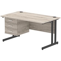 Impulse 1400mm Rectangular Desk, Black Cantilever Leg, Grey Oak, With 3 Drawer Fixed Pedestal