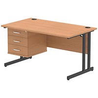 Impulse 1400mm Rectangular Desk, Black Cantilever Leg, Oak, With 3 Drawer Fixed Pedestal