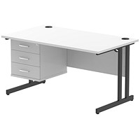 Impulse 1400mm Rectangular Desk, Black Cantilever Leg, White, With 3 Drawer Fixed Pedestal