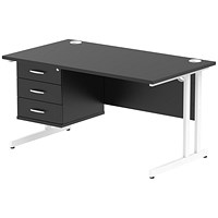 Impulse 1400mm Rectangular Desk, White Cantilever Leg, Black, With 3 Drawer Fixed Pedestal