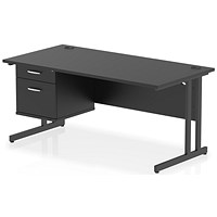 Impulse 1600mm Rectangular Desk, Black Cantilever Leg, Black, With 2 Drawer Fixed Pedestal