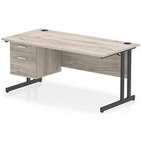 Impulse 1600mm Rectangular Desk, Black Cantilever Leg, Grey Oak, With 2 Drawer Fixed Pedestal