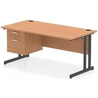 Impulse 1600mm Rectangular Desk, Black Cantilever Leg, Oak, With 2 Drawer Fixed Pedestal