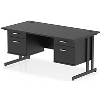 Impulse 1600mm Rectangular Desk, Black Cantilever Leg, Black, With 2 x 2 Drawer Fixed Pedestals