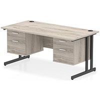 Impulse 1600mm Rectangular Desk, Black Cantilever Leg, Grey Oak, With 2 x 2 Drawer Fixed Pedestal