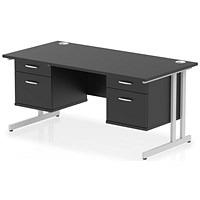 Impulse 1600mm Rectangular Desk, Silver Cantilever Leg, Black, With 2 x 2 Drawer Fixed Pedestals