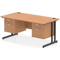 Impulse 1600mm Rectangular Desk, Black Cantilever Leg, Oak, With 2 x 2 Drawer Fixed Pedestal