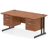 Impulse 1600mm Rectangular Desk, Black Cantilever Leg, Walnut, With 2 x 2 Drawer Fixed Pedestal