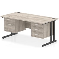 Impulse 1600mm Rectangular Desk, Black Cantilever Leg, Grey Oak, With 2 Drawer and 3 Drawer Fixed Pedestals