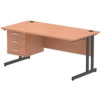 Impulse 1600mm Rectangular Desk, Black Cantilever Leg, Beech, With 3 Drawer Fixed Pedestal