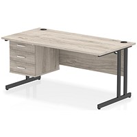 Impulse 1600mm Rectangular Desk, Black Cantilever Leg, Grey Oak, With 3 Drawer Fixed Pedestal