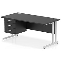 Impulse 1600mm Rectangular Desk, Silver Cantilever Leg, Black, With 3 Drawer Fixed Pedestal