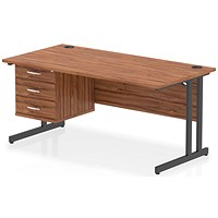 Impulse 1600mm Rectangular Desk, Black Cantilever Leg, Walnut, With 3 Drawer Fixed Pedestal