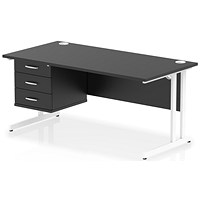 Impulse 1600mm Rectangular Desk, White Cantilever Leg, Black, With 3 Drawer Fixed Pedestal