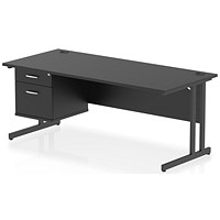 Impulse 1800mm Rectangular Desk, Black Cantilever Leg, Black, With 2 Drawer Fixed Pedestal