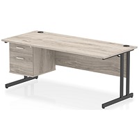 Impulse 1800mm Rectangular Desk, Black Cantilever Leg, Grey Oak, With 2 Drawer Fixed Pedestal