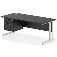 Impulse 1800mm Rectangular Desk, Silver Cantilever Leg, Black, With 2 Drawer Fixed Pedestal