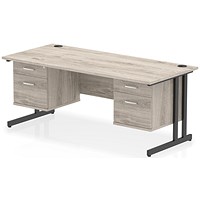 Impulse 1800mm Rectangular Desk, Black Cantilever Leg, Grey Oak, With 2 x 2 Drawer Fixed Pedestal