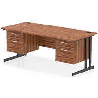 Impulse 1800mm Rectangular Desk, Black Cantilever Leg, Walnut, With 2 x 2 Drawer Fixed Pedestal