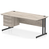 Impulse 1800mm Rectangular Desk, Black Cantilever Leg, Grey Oak, With 3 Drawer Fixed Pedestal