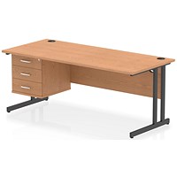 Impulse 1800mm Rectangular Desk, Black Cantilever Leg, Oak, With 3 Drawer Fixed Pedestal