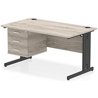 Impulse 1400mm Rectangular Desk, Black Cable Managed Leg, Grey Oak, With 3 Drawer Fixed Pedestal