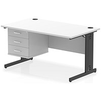 Impulse 1400mm Rectangular Desk, Black Cable Managed Leg, White, With 3 Drawer Fixed Pedestal