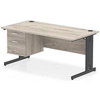 Impulse 1600mm Rectangular Desk, Black Cable Managed Leg, Grey Oak, With 2 Drawer Fixed Pedestal