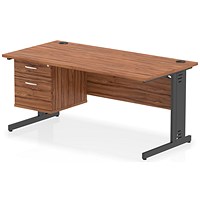 Impulse 1600mm Rectangular Desk, Black Cable Managed Leg, Walnut, With 2 Drawer Fixed Pedestal