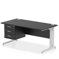 Impulse 1600mm Rectangular Desk, Silver Cable Managed Leg, Black, With 3 Drawer Fixed Pedestal