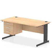 Impulse 1600mm Rectangular Desk, Black Cable Managed Leg, Maple, With 3 Drawer Fixed Pedestal