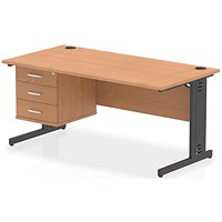 Impulse 1600mm Rectangular Desk, Black Cable Managed Leg, Oak, With 3 Drawer Fixed Pedestal