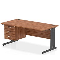 Impulse 1600mm Rectangular Desk, Black Cable Managed Leg, Walnut, With 3 Drawer Fixed Pedestal