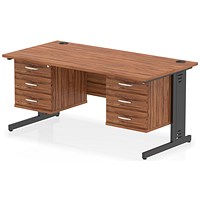 Impulse 1600mm Rectangular Desk, Black Cable Managed Leg, Walnut, With 2 x 3 Drawer Fixed Pedestals