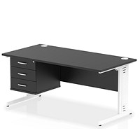 Impulse 1600mm Rectangular Desk, White Cable Managed Leg, Black, With 3 Drawer Fixed Pedestal