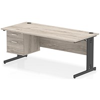 Impulse 1800mm Rectangular Desk, Black Cable Managed Leg, Grey Oak, With 2 Drawer Fixed Pedestal