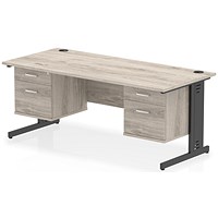 Impulse 1800mm Rectangular Desk, Black Cable Managed Leg, Grey Oak, With 2 x 2 Drawer Fixed Pedestals