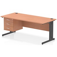 Impulse 1800mm Rectangular Desk, Black Cable Managed Leg, Beech, With 3 Drawer Fixed Pedestal