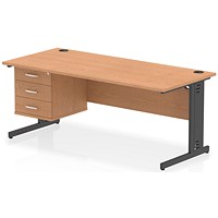 Impulse 1800mm Rectangular Desk, Black Cable Managed Leg, Oak, With 3 Drawer Fixed Pedestal