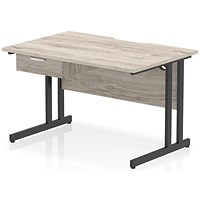 Impulse 1200mm Scalloped Edge Rectangular Desk, Black Cantilever Legs, Grey Oak, With 1 x 1 Drawer Fixed Pedestal