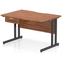 Impulse 1200mm Scalloped Edge Rectangular Desk, Black Cantilever Legs, Walnut, With 1 x 1 Drawer Fixed Pedestal