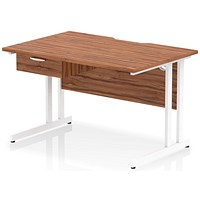 Impulse 1200mm Scalloped Edge Rectangular Desk, White Cantilever Legs, Walnut, With 1 x 1 Drawer Fixed Pedestal