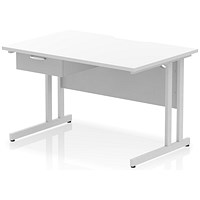 Impulse 1200mm Scalloped Edge Rectangular Desk, Silver Cantilever Legs, White, With 1 x 1 Drawer Fixed Pedestal