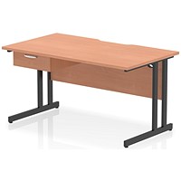 Impulse 1400mm Scalloped Edge Rectangular Desk, Black Cantilever Legs, Beech, With 1 x 1 Drawer Fixed Pedestal