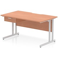 Impulse 1400mm Scalloped Edge Rectangular Desk, Silver Cantilever Legs, Beech, With 1 x 1 Drawer Fixed Pedestal