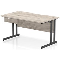 Impulse 1400mm Scalloped Edge Rectangular Desk, Black Cantilever Legs, Grey Oak, With 1 x 1 Drawer Fixed Pedestal