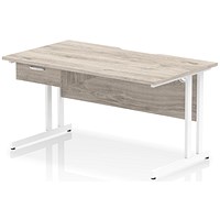 Impulse 1400mm Scalloped Edge Rectangular Desk, White Cantilever Legs, Grey Oak, With 1 x 1 Drawer Fixed Pedestal