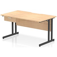 Impulse 1400mm Scalloped Edge Rectangular Desk, Black Cantilever Legs, Maple, With 1 x 1 Drawer Fixed Pedestal